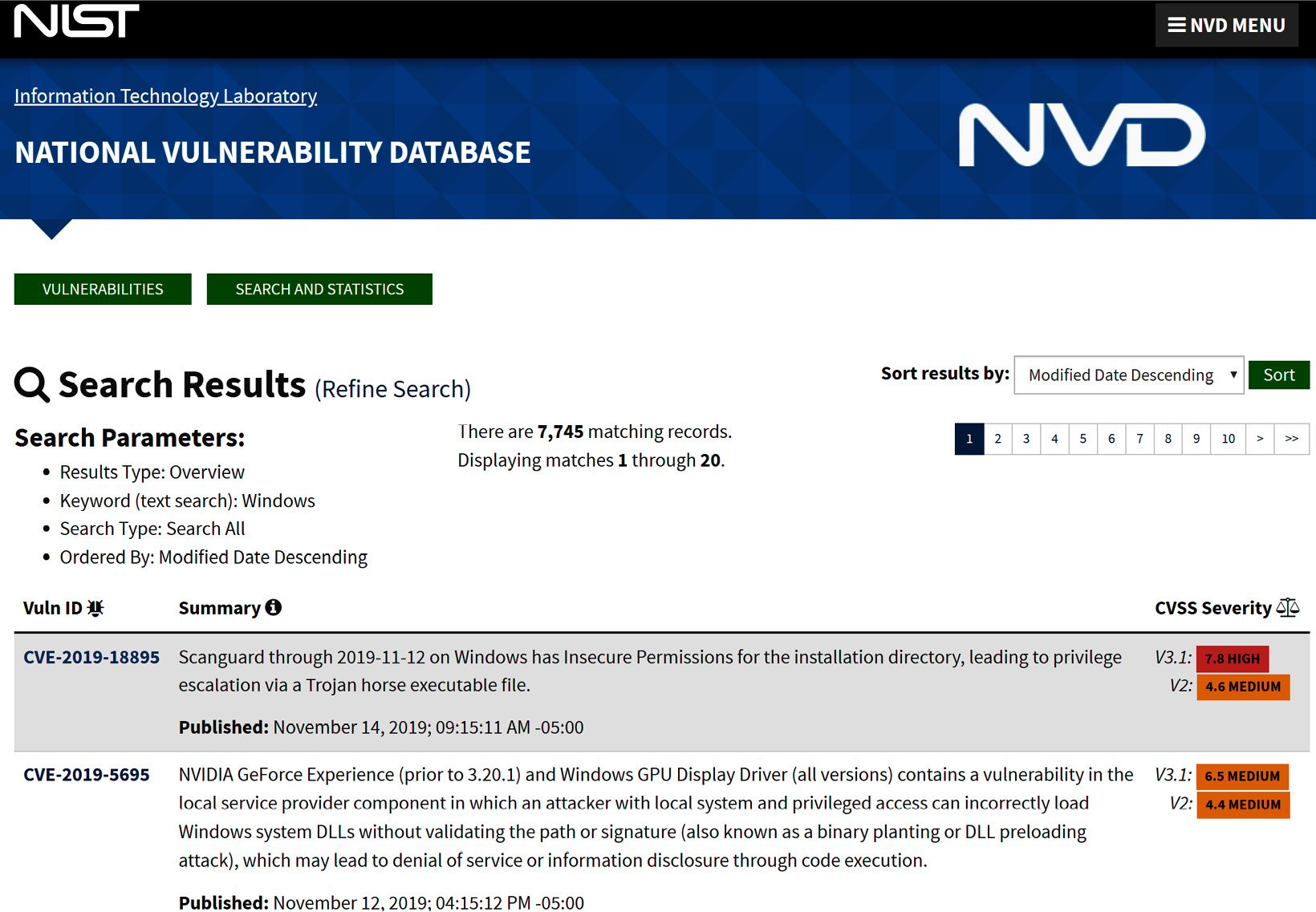 Figure 1.6 – NVD Windows Search Results 
