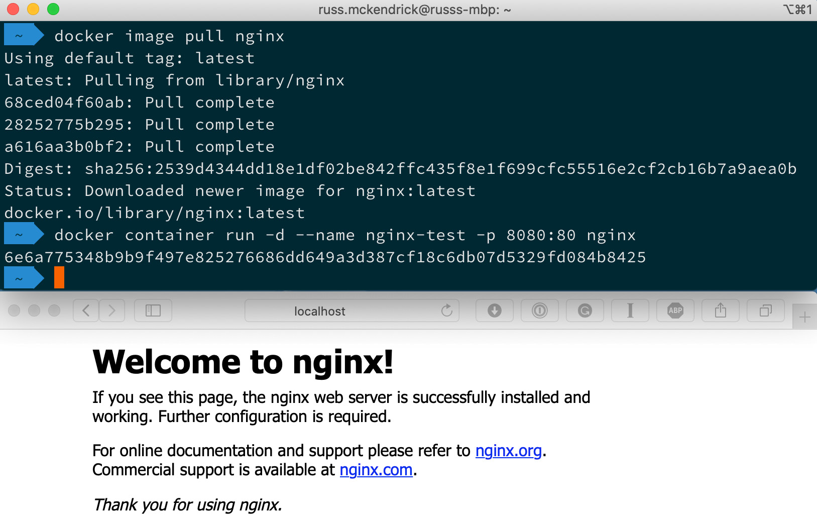 Figure 1.14 – Output of docker image pull nginx on macOS
