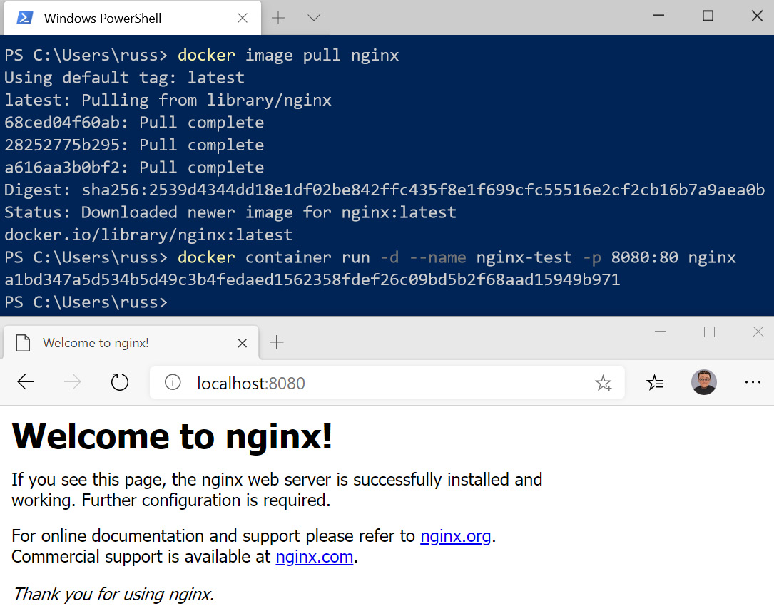 Figure 1.15 – Output of docker image pull nginx on Windows
