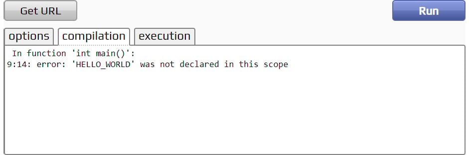 Figure 1.7: Compilation error as 'HELLO_WORLD' is undefined
