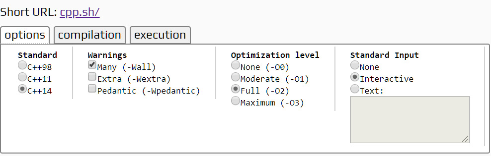 Figure 0.1: Screenshot of the cpp.sh online compiler
