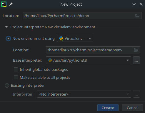 Figure 1.1 – Configuring virtualenv in PyCharm
