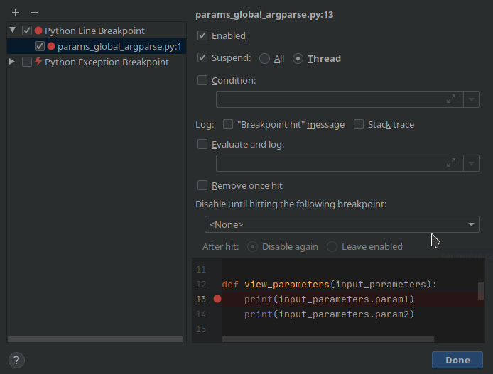 Figure 1.3 – Viewing breakpoints in PyCharm
