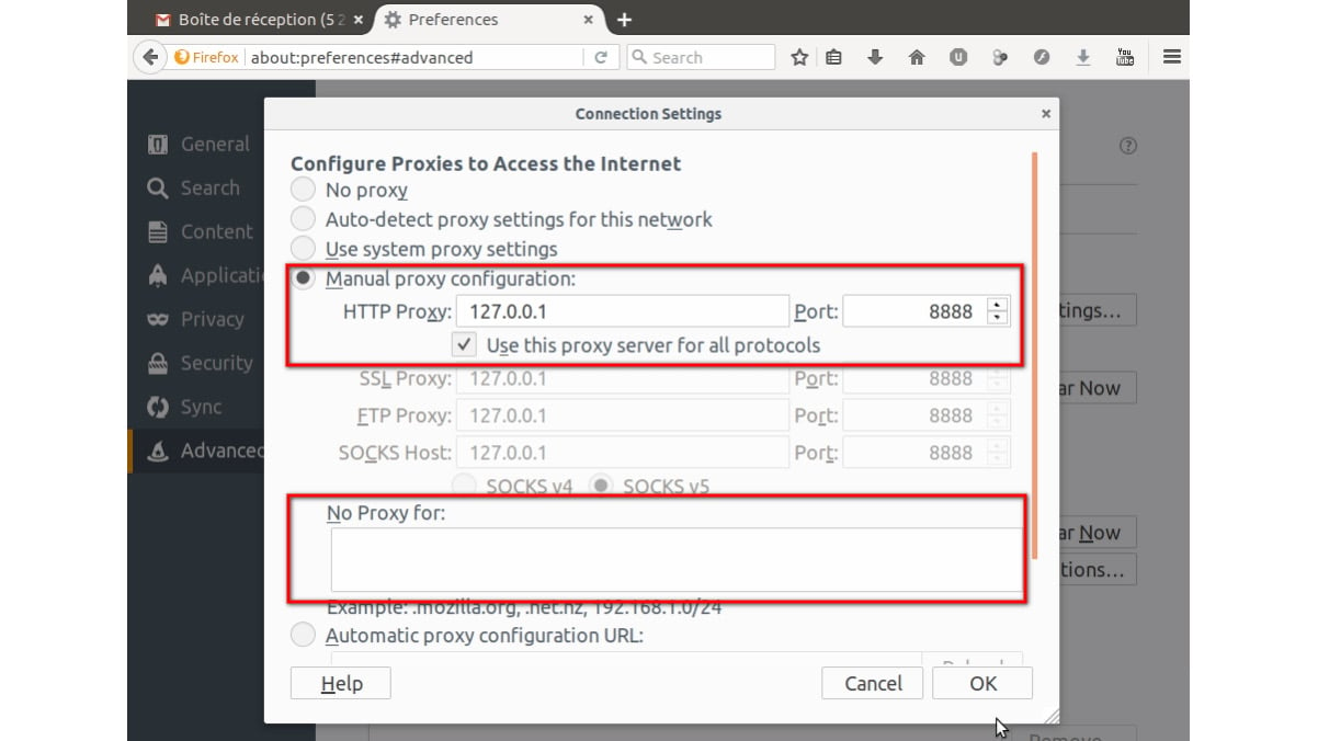 Figure 1.10: Proxy selection in Firefox – configuration
