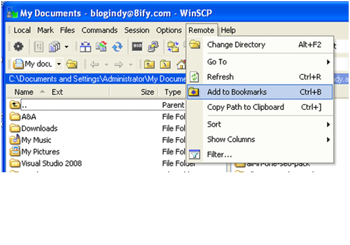 Creating a bookmark with WinSCP