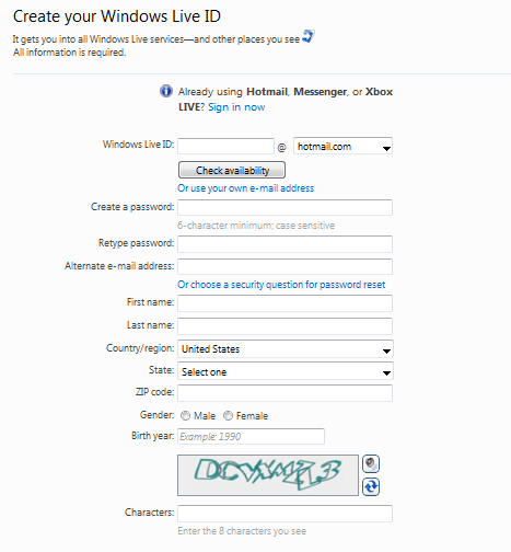 Signing up for a Windows Live ID