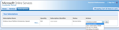 Verifying status of account and browsing to Windows Azure Portal
