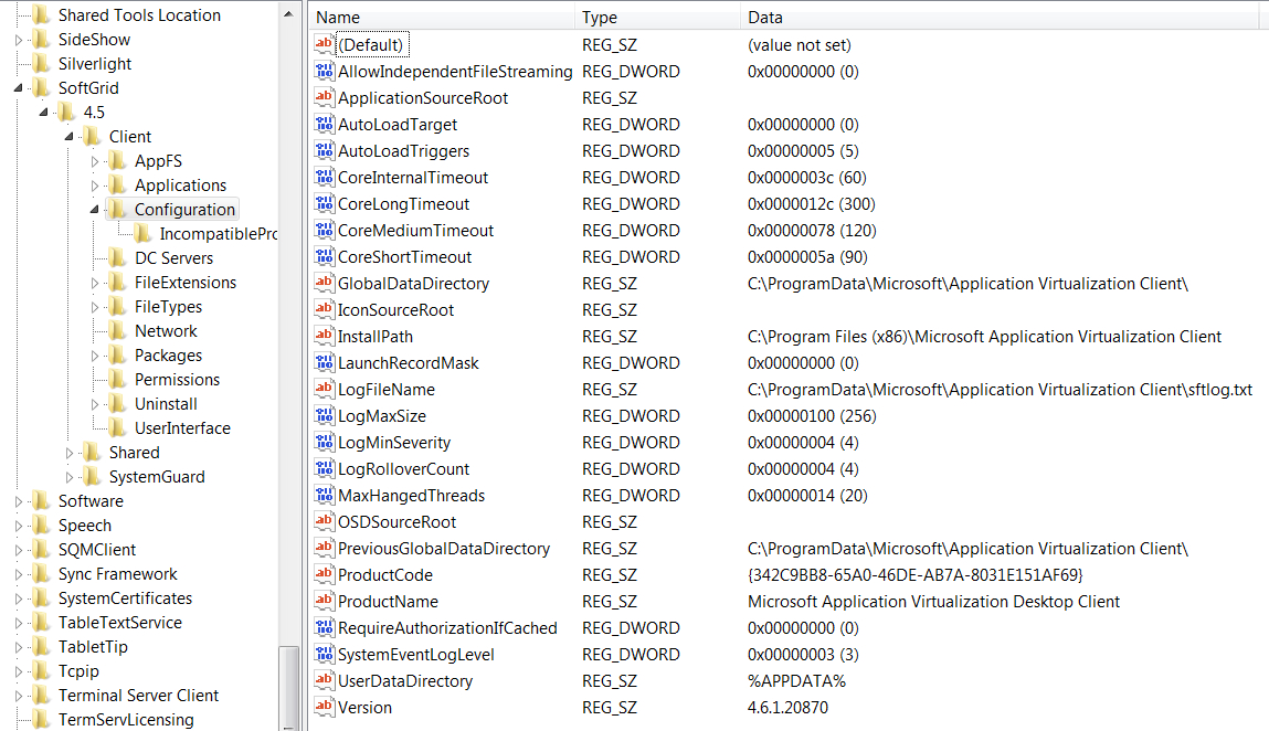 Registry keys available in the App-V client