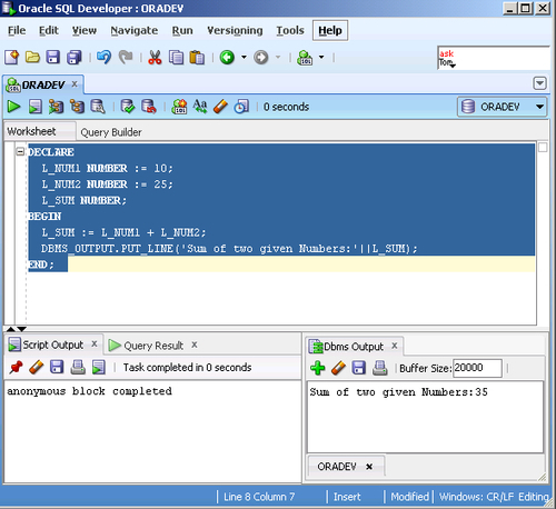 Creating and executing an anonymous PL/SQL block