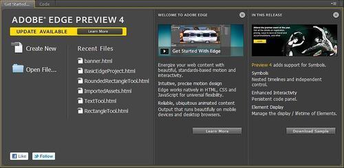 The Adobe Edge welcome screen