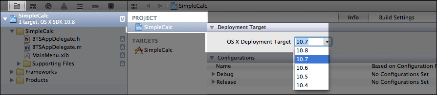 Time for action - configuring the SimpleCalc Xcode project