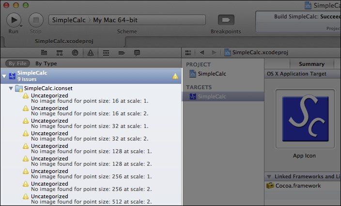 Time for action - configuring the SimpleCalc Xcode project